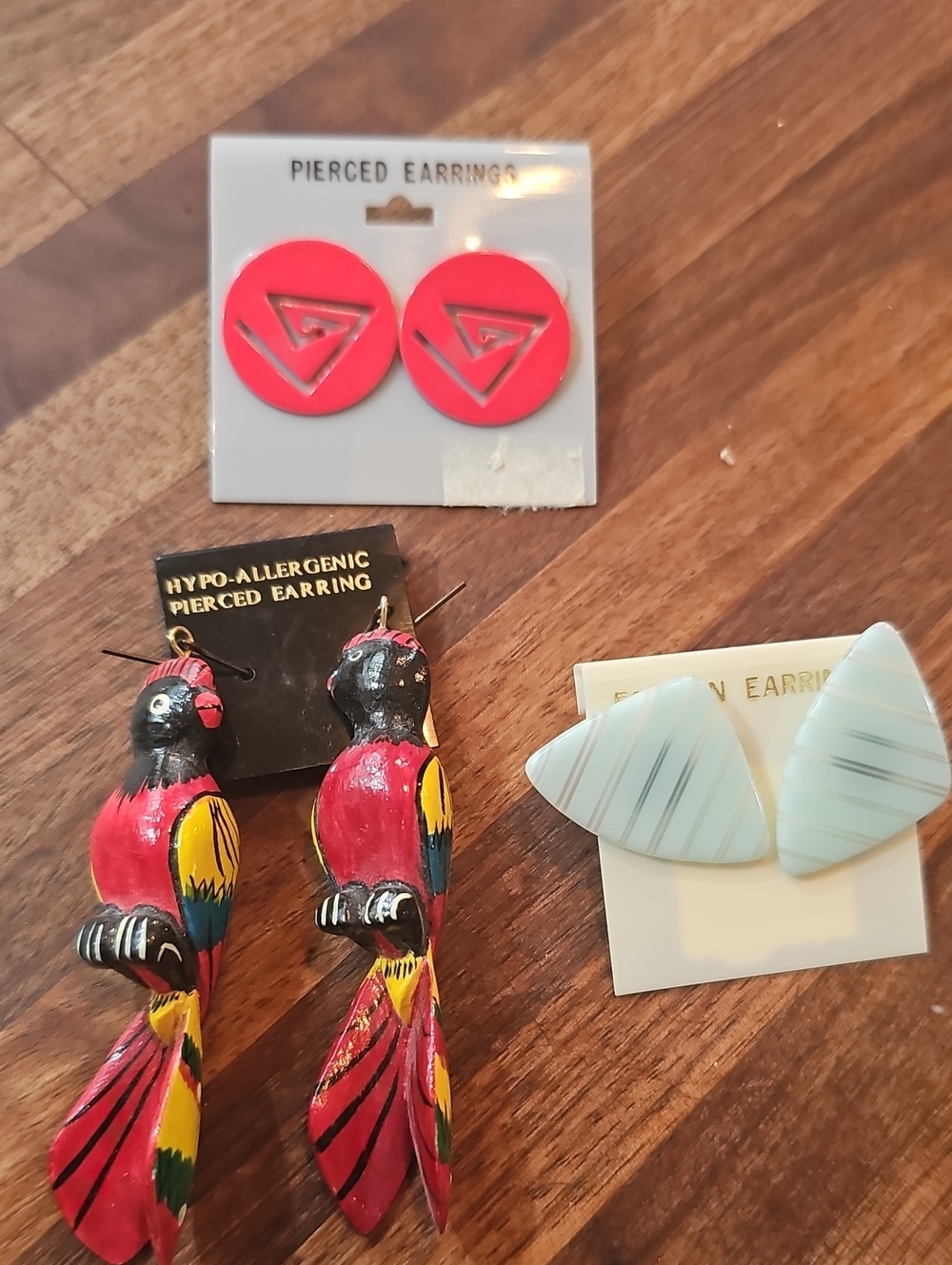 Vintage Earrings Red Parrot Dangle Geometric Blue 80s 3 Sets Women